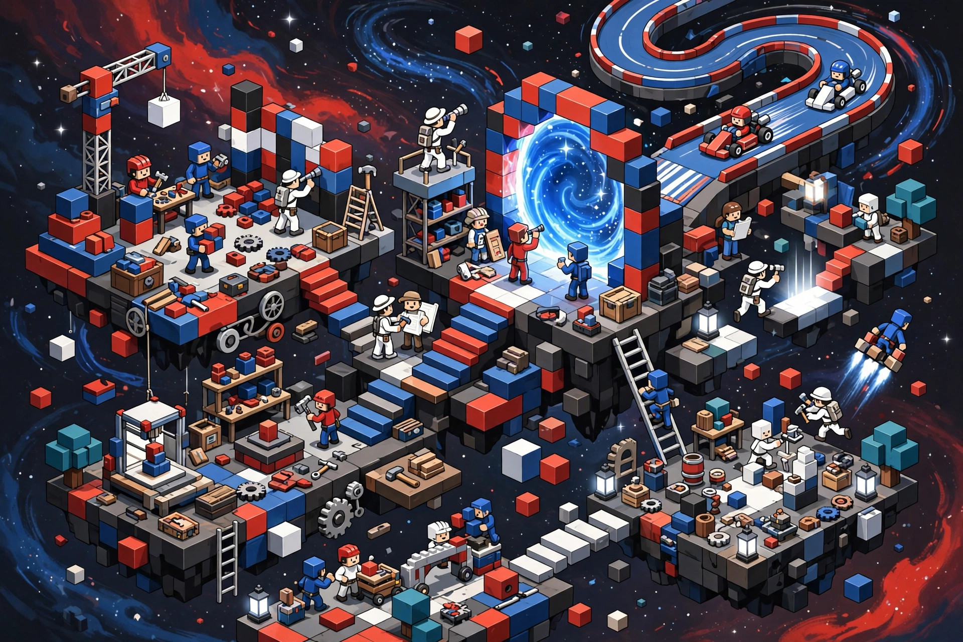 Original illustration of block-built worlds with creators, racers, builders and explorers around a glowing portal